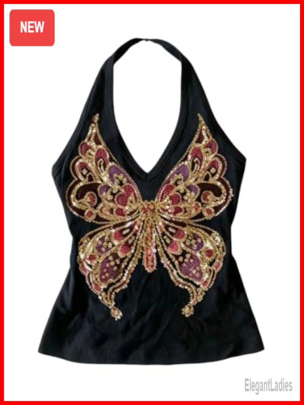Women's Y2k Sequin Halter Top Butterfly Rave Crop Top